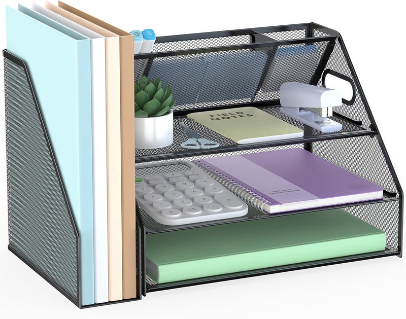 Docnest 3 Tier Metal Mesh Desk Organizer - Letter Tray with Built-in Pen Holder & Handle, Black - Image 1